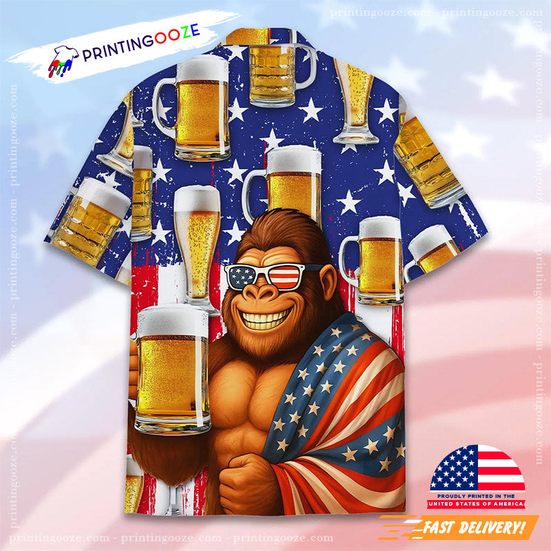 Bigfoot Love Beer Patriotic USA 4th Of July Hawaiian Shirt