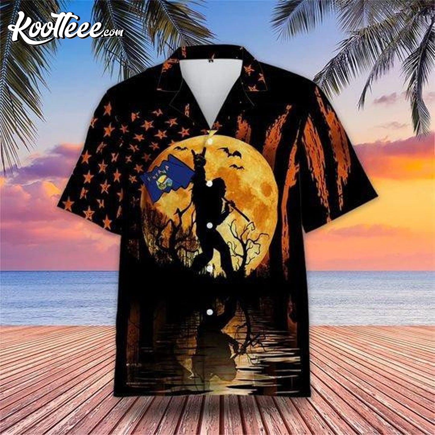 Bigfoot With Montana Flag Halloween Hawaiian Shirt