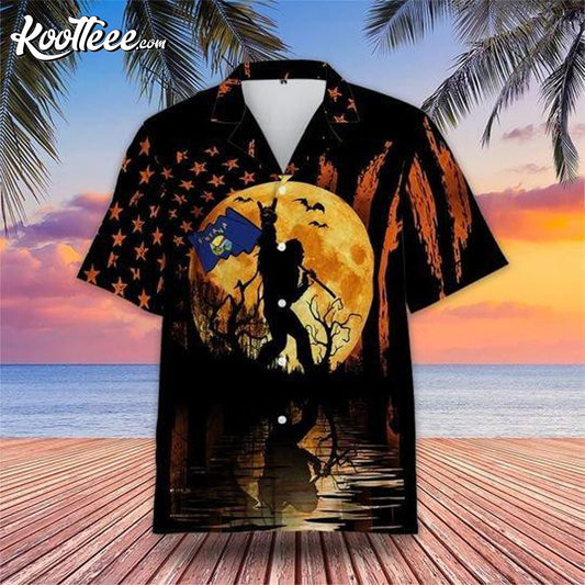 Bigfoot With Montana Flag Halloween Hawaiian Shirt