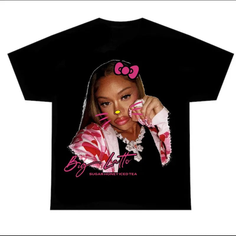 Bigg Latto Black Tee, Latto Pink Kitty Shirt Cotton Fabric Hoodie, Sweatshirt | InkThreadWorks.com