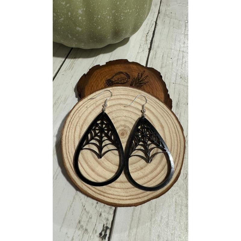 Black Acrylic Spider Web Earrings - Laser Cut Halloween Jewelry, Lightweight Teardrop Design, Modern Spooky Gothic Style,...