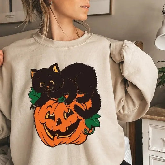 Black Cat Pumpkin Sweatshirt, Fall Sweatshirt, Halloween Sweatshirt, Black Cat Halloween Hoodies T-Shirts