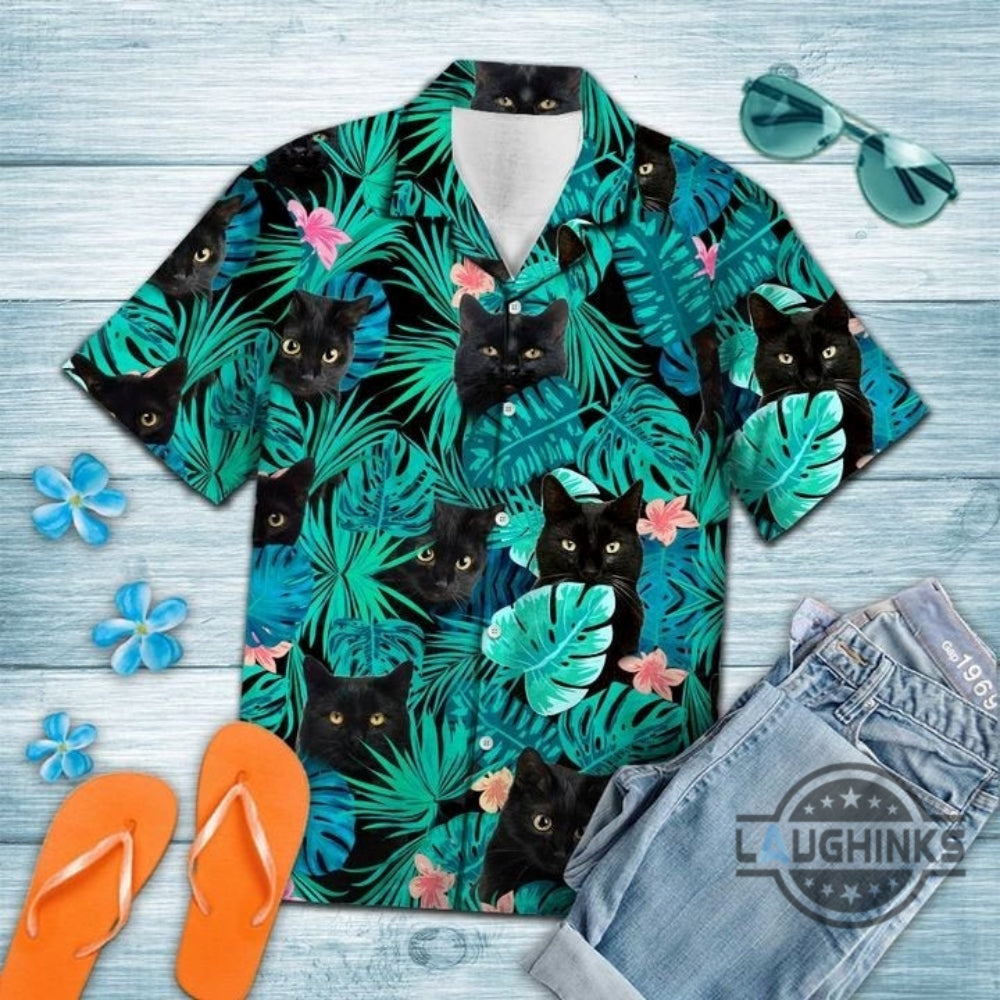 Black Cat Tropical Hawaiian Shirt Aloha Summer Beach Button Up Shirts And Shorts NEW