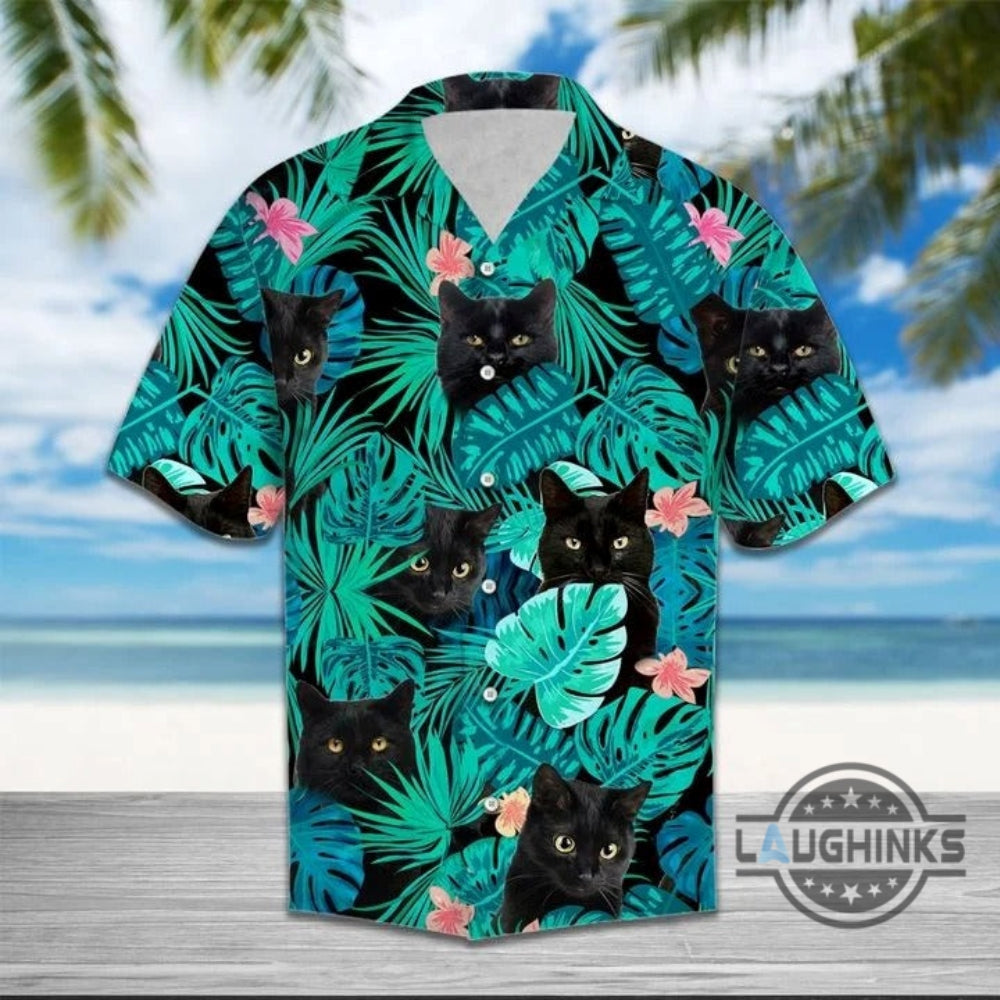 Black Cat Tropical Hawaiian Shirt Aloha Summer Beach Button Up Shirts And Shorts NEW