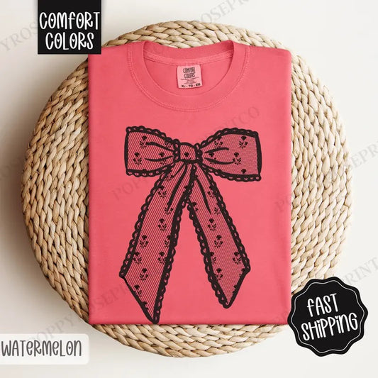 Black Lace Bow Shirt Comfort Colors, Women's Black Bow Tee, Cute Women's Tshirt Hoodie, Sweatshirt | InkThreadWorks.com