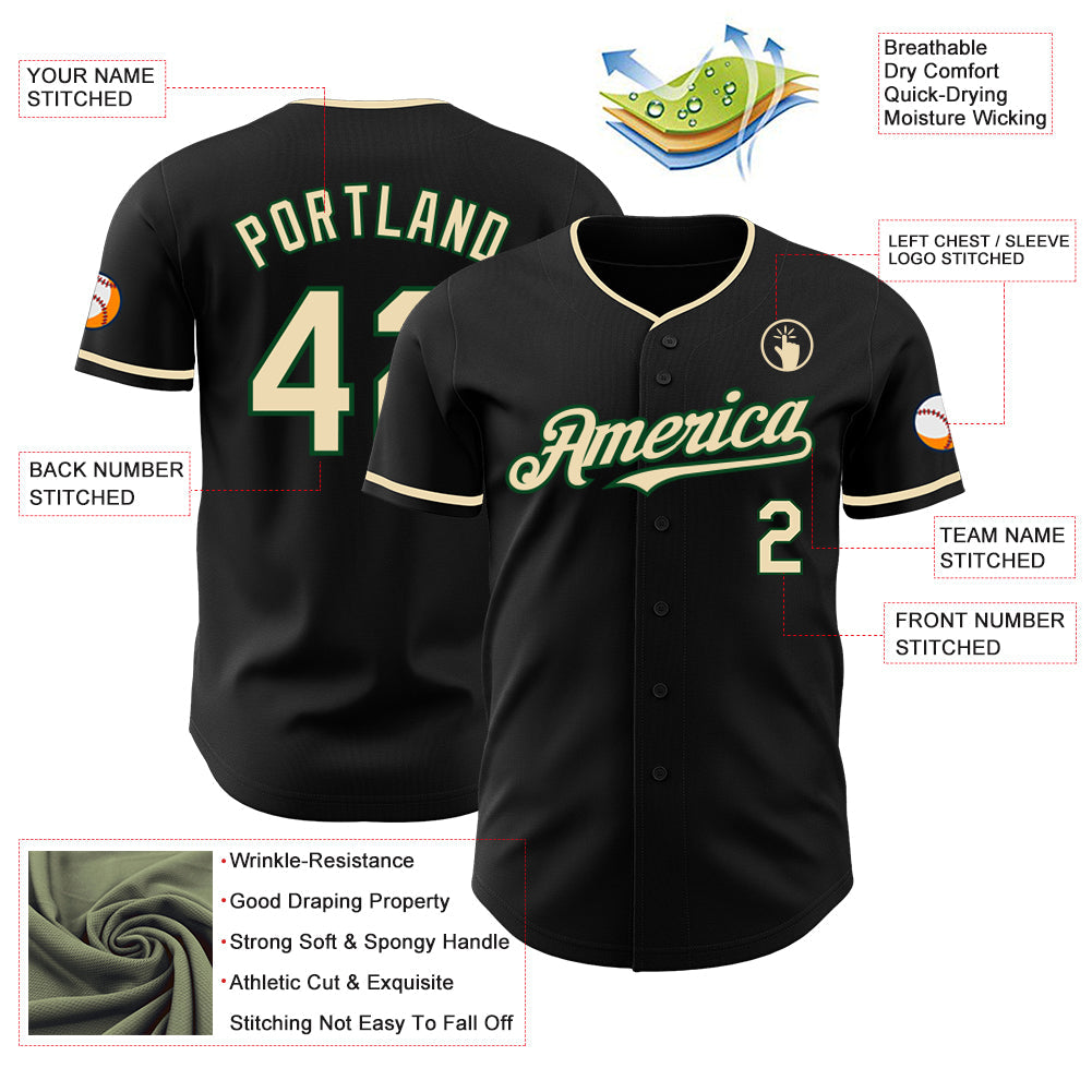 Custom Black Cream-Green Authentic Baseball Jersey