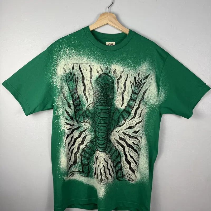 Bleached Creature Hand Printed Woodcut T Shirt Menswear Cotton Top Green Medium Graphic Streetwear Baggy Casual Tshirt Fabric