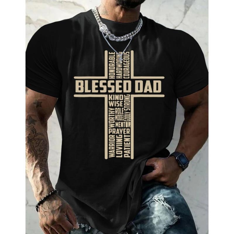Blessed Dad Cross Father's Day Christian Shirt Pure Cotton Casual Street Style Crew Neck Short Sleeve For Women For Men...