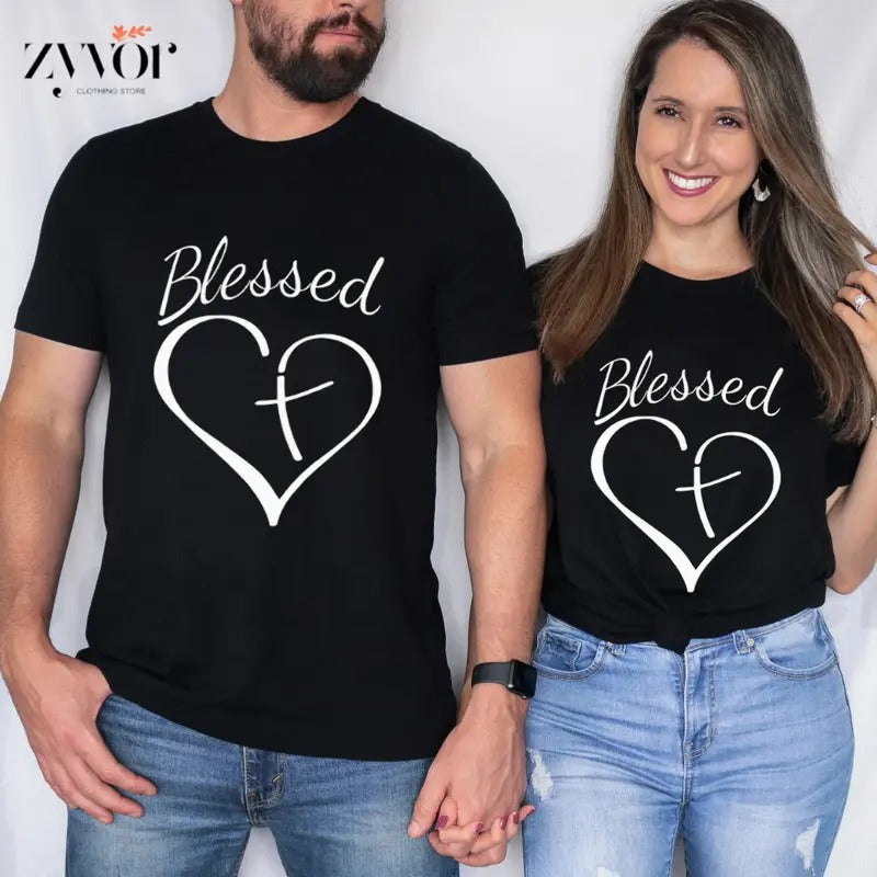 Blessed Heart and Cross Valentine Day Tee Pure Cotton Casual Style Crew Neck Short Sleeve T-Shirt Tops Trendy for Women...