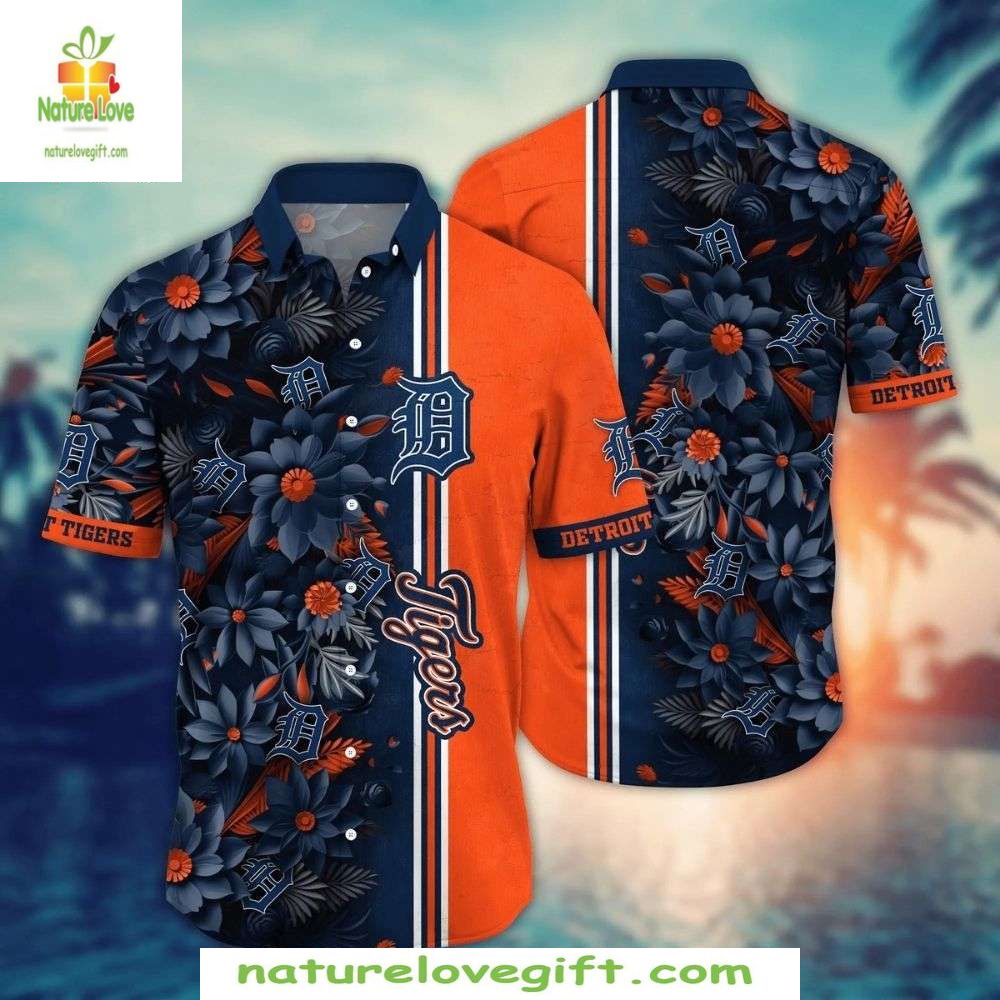 Detroit Tigers Hawaiian Shirt Blue Orange Floral MLB Baseball Apparel