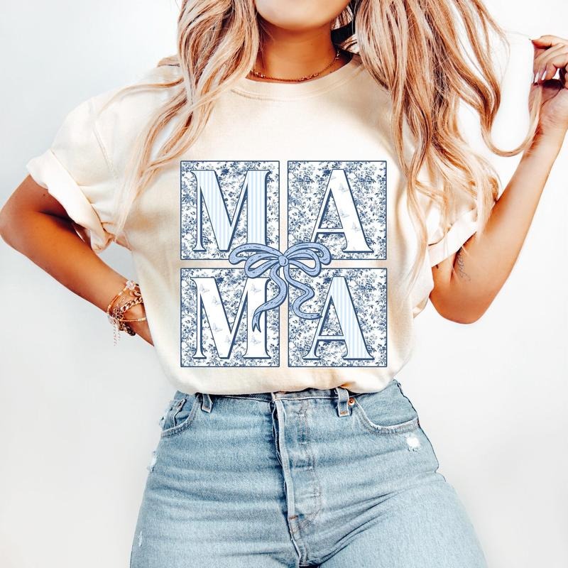 Blue Floral Chinoiserie Mama Coquette T-Shirt, Checkered Mama T-Shirt, Mama T-Shirt, Mama Varsity T-Shirt, Mothers Day...