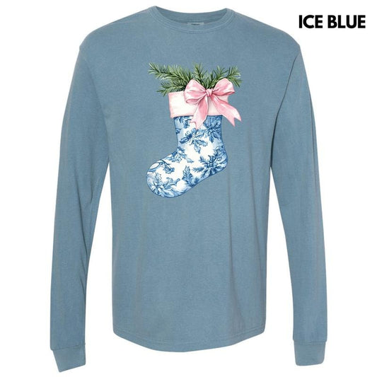 Blue Floral Stocking Long Sleeve Comfort Colors T-Shirt 'NLB' Hoodie, Sweatshirt | InkThreadWorks.com