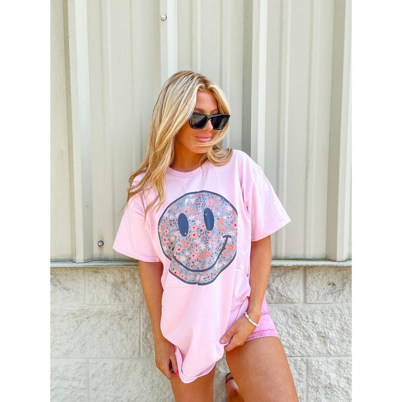 Blue Pink Floral Smiley Graphic Top