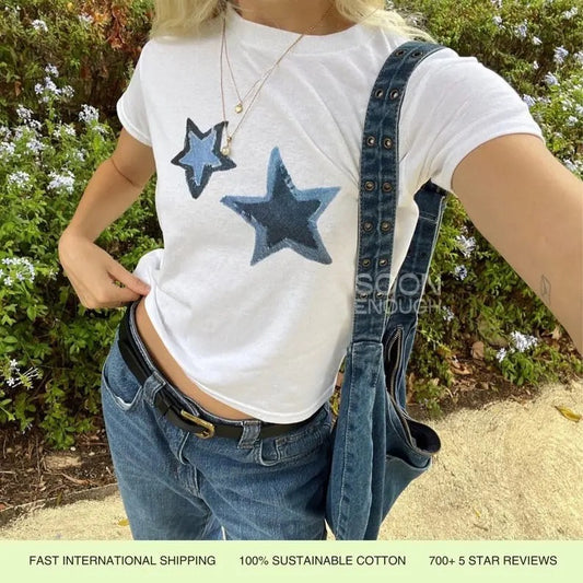 Blue Stars Womens Long Sleeve Graphic Baby Tee - Classic Medium Fit Crewneck Top for Cool Girl Gift, Pullover Women Top