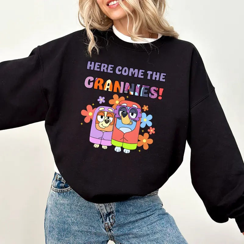Bluey and Bingo Here Come The Grannies Flower Shirt | Bluey Sweater, Bluey And Bingo Shirt, Bluey T-Shirt, Bluey Shirt,...