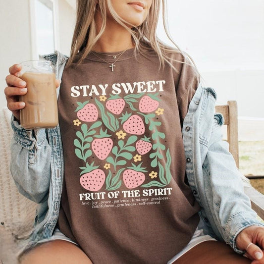 Boho Christian Strawberry Tshirt, Fruits of the Spirit Bible Verse Shirt, Retro Jesus Apparel Cottagecore Top Floral Graphic Tee