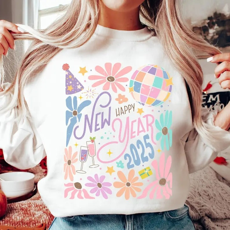 Boho New Year 2025 Shirt, Retro New Years Sweatshirt, Disco Ball Shirt, Pink, Pastel, New Year New Me Sweatshirt, Brushstroke, 12 New Chapters