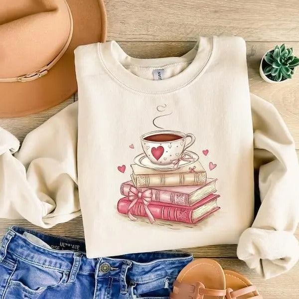 Book Lover Valentine Sweatshirt, Gift for Book Lovers, Coquette Valentine Bookish Tshirt, Bookworm Coffee Tee, Reading...