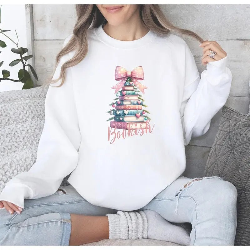 Bookish Bow Christmas Tree Unisex Sweatshirt, Literary Holiday sweater, Cozy Reading Gift, book nerd gift, Book Lover...