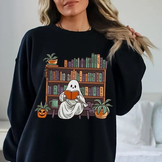 Bookish Ghost Sweater, Spooky Library Shirt for Book Lover Reading Sweatshirt, Cottagecore Pumpkin Crewneck Librarian Appreciation , Halloween Sweatshirt, Halloween Shirt, Unisex Classic Cotton Graphic Print All Sizes for Men and Women