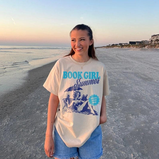 Bookish Tees Book Girl Summer Shirt | Beach Book Lover Summer Bookish Funny Reader Oversized Beach Shirt Bookish Vacation Shirt Coconut Girl Romance Book