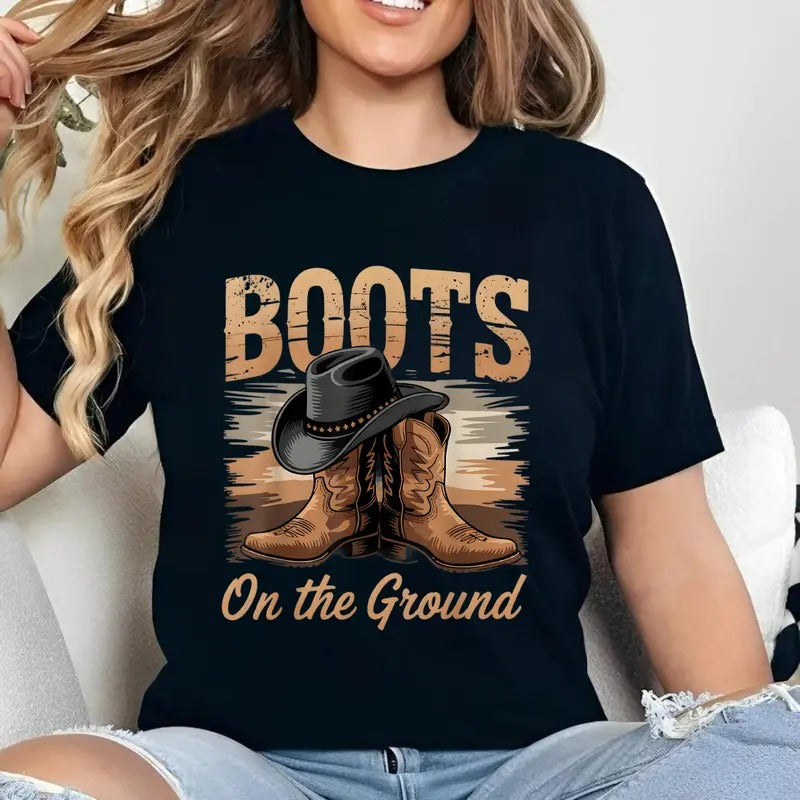 Boots On The Ground Black Cowgirl Melanin Women Shirt, Fashion Casual Short Sleeve T-shirt for Daily Wear, Ladies Summer...