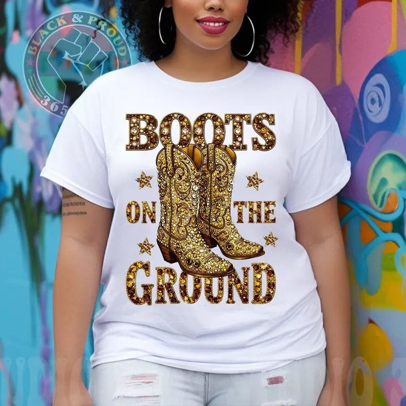 Boots On The Ground T-shirt, Cowboy Western Cowgirl At Shirt, PRINTED DESIGN Tees, Girl Grab Your Fans T-shirt, Black...