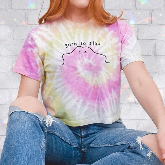Born To Slay Tie-Dye Crop Top, Y2K Clothing, Cute Flowy Fit Tee, Trendy Rainbow Tie-Dye Graphic Shirt