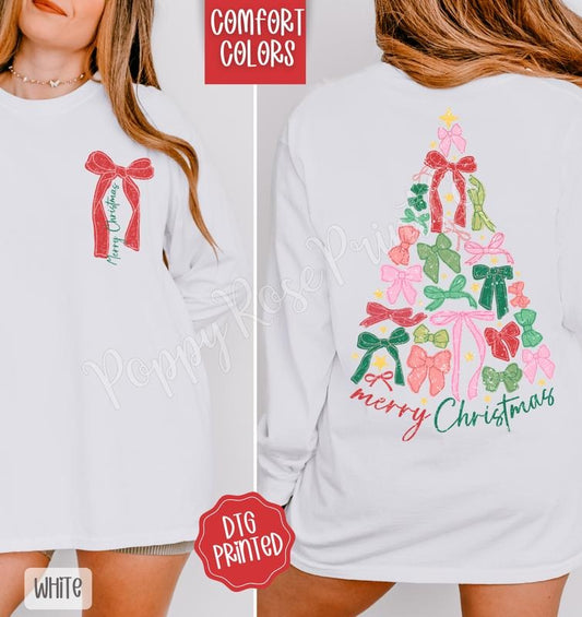 Bow Christmas Tree Comfort Colors Long Sleeve T-Shirt, Cute Women's Holiday Graphic Tee Hoodie, Sweatshirt