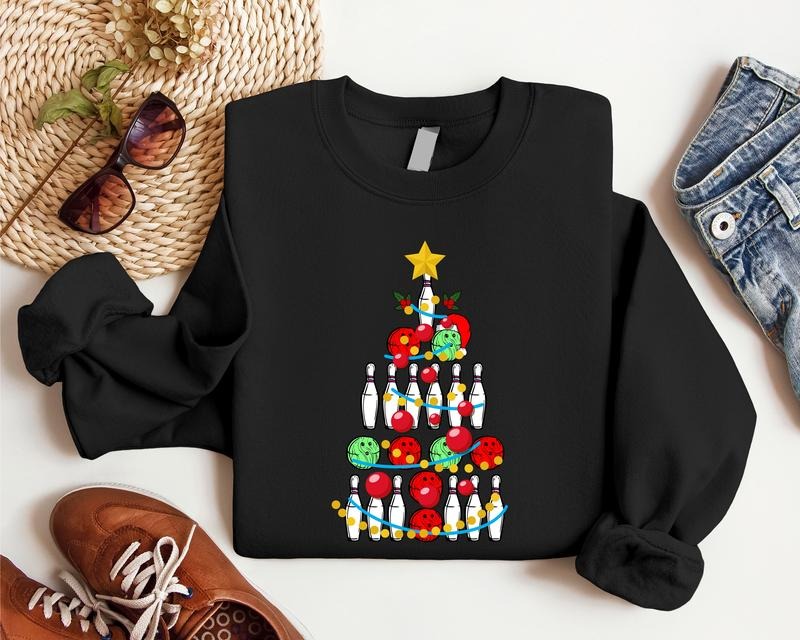 Bowling Christmas Tree Sweatshirt, Bowling Lover Xmas Gift Sweater, Unisex Bowling Player Holiday Hoodie, Bowling Ball...