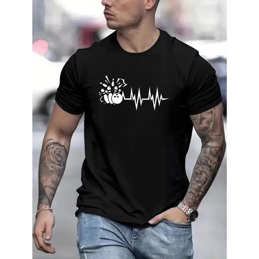 Bowling Graphic Print Men's Short Sleeve Crew Neck T-Shirts, Comfy Breathable Casual Stretchable Tops, Men's Clothings Made in USA