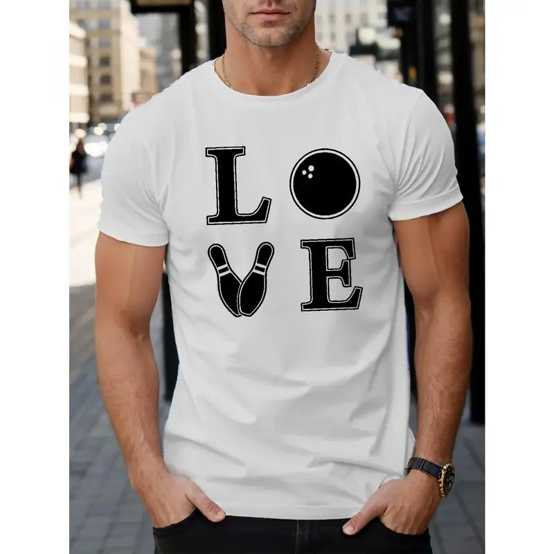 Bowling Love Print T Shirt, Tees For Men, Casual Short Sleeve T-shirt For Summer Made in USA