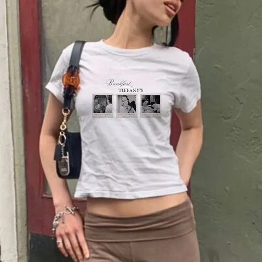 Breakfast at Tiffany's Baby Tee Vintage Graphic Tee Coquette Clothing Aesthetic Cropped Tee Christmas Gift For Daughter Audrey Hepburn Tee