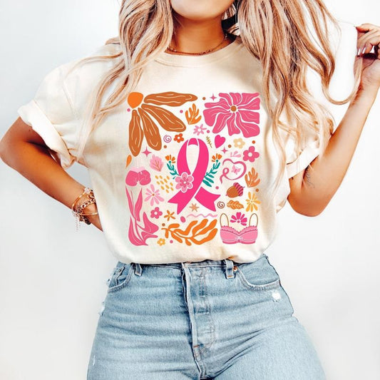 Breast Cancer Awareness T-Shirt, Boho Floral Breast Cancer T-Shirt, In October We Wear Pink Shirt, Awareness Ribbon...
