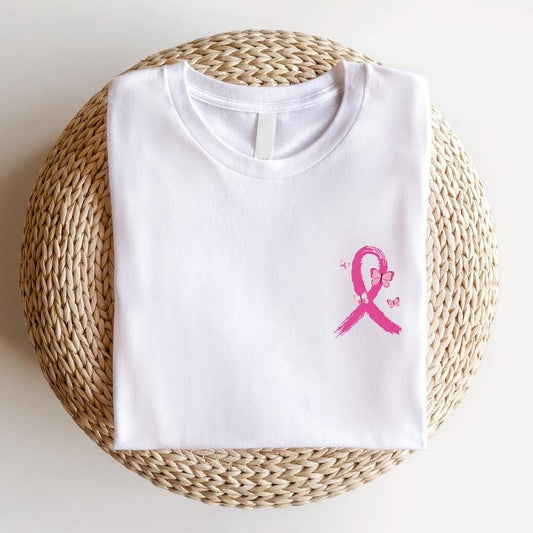 Breast Cancer Butterfly Ribbon Shirt, Pink Ribbon Pocket Size T-shirt, Warrior Gift Tee For Mom, Breast Cancer Survivor...