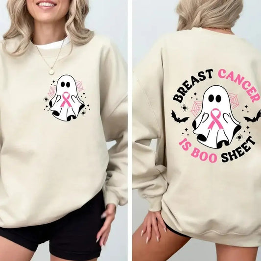 Breast Cancer Is Boo Sheet Sweatshirt, Back On My Boo-Shit, Cancer Halloween Gift Shirt, Ghost Ribbon Breast Cancer...