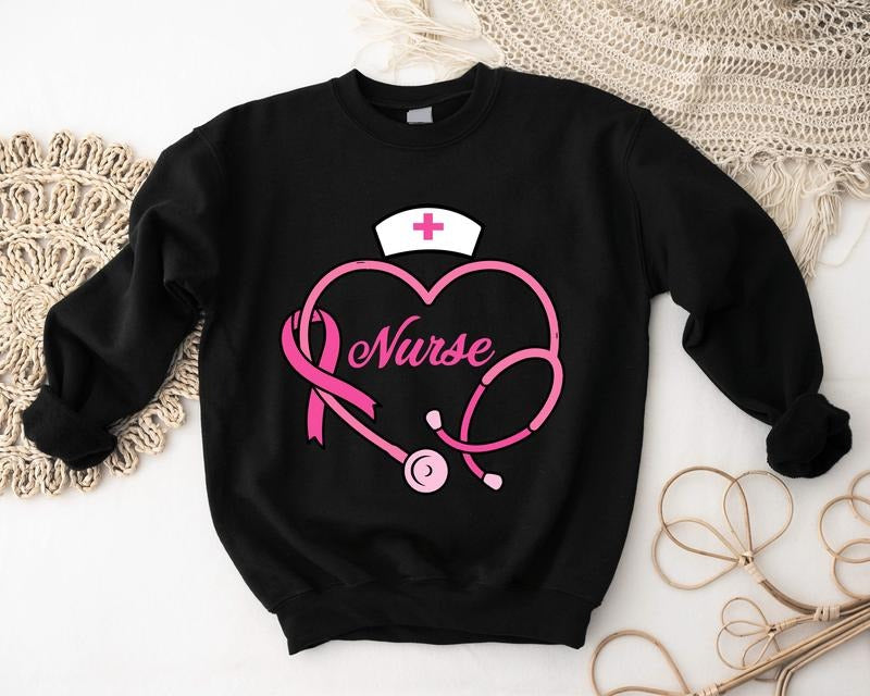 Breast Cancer Stethoscope Sweatshirt, Nurse Breast Cancer Awareness Hoodie, Matching Nurse Sweater, Pink Ribbon Gift...