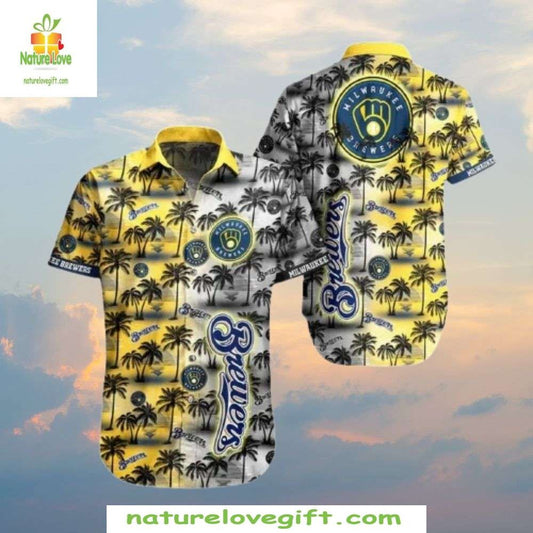 Milwaukee Brewers Hawaiian Shirt Tropical Palm Baseball Apparel Breezy Brewer