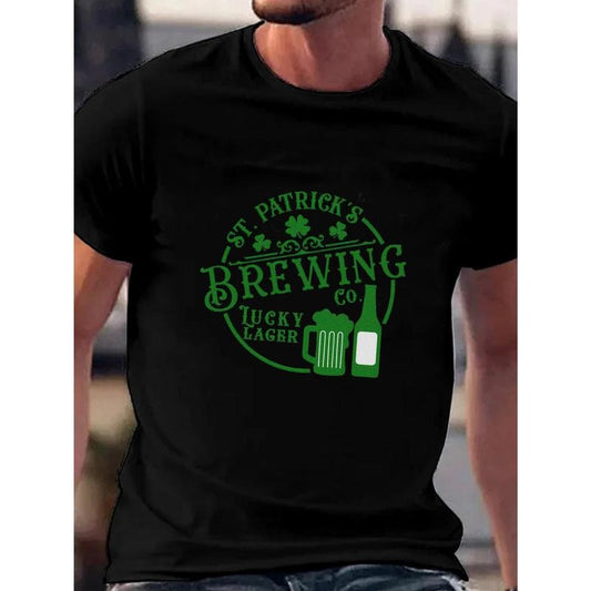 'Brewing' St. Patrick's Day Print Men's Graphic Tee, Breathable Short Sleeve Casual T-Shirt For Big & Tall Guys Made in USA
