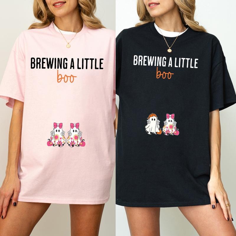 Brewing A Little Boo Twin T-Shirt, Halloween Pregnancy Announcement Shirt, Halloween Maternity T Shirt, Funny Mom To Be Crewneck, Spooky Baby Shower Tshirt, Pregnant Wife Tee