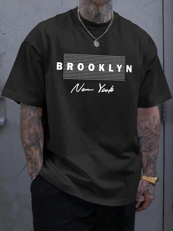 Brooklyn Shirt, Men's Letter Print Round Neck Tee, Men's Summer Clothes, Summer Outfits, Graphic Tees, Fashion Men's Top for Daily Wear, 90s Clothes
