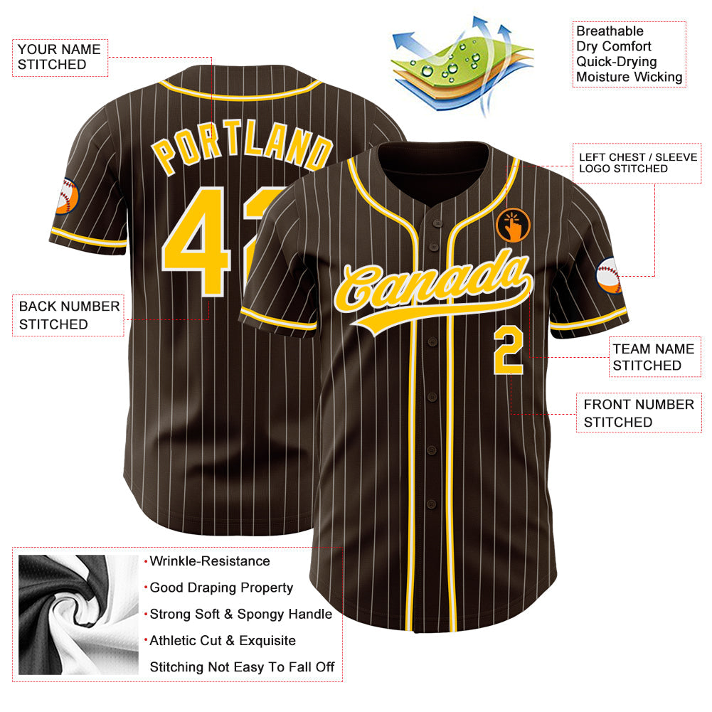 Custom Brown White Pinstripe Gold Authentic Baseball Jersey