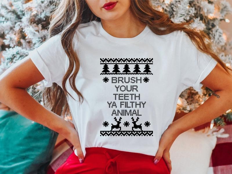 Brush Your Teeth Ya Filthy Animal Shirt, Ugly Christmas, Christmas Dentist Gift T-Shirt, Matching Dental Squad X-mas...