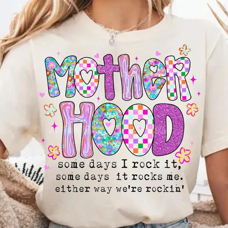Brushstroke Motherhood Someday It Rocks Coquette Bow Checkered T-Shirt, Neon Mother Hood Tee, Funny Mom, Sarcastic Mama...