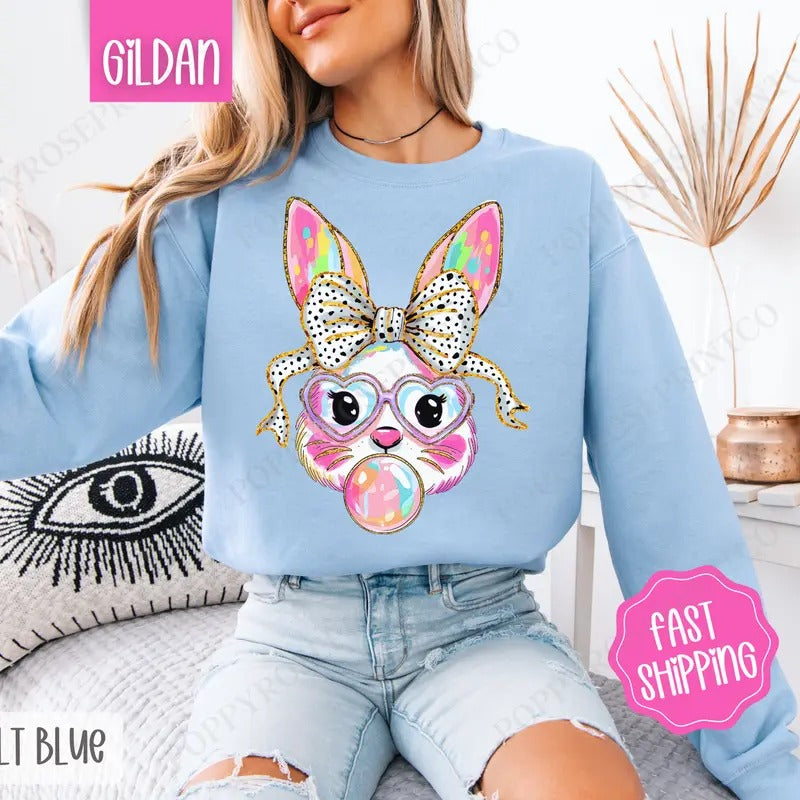 Bubble Bunny Sweatshirt, Easter Crewneck, Trendy Bunny Women's Sweater, Gift for Her T-Shirts, Hoodie | InkThreadWorks.com