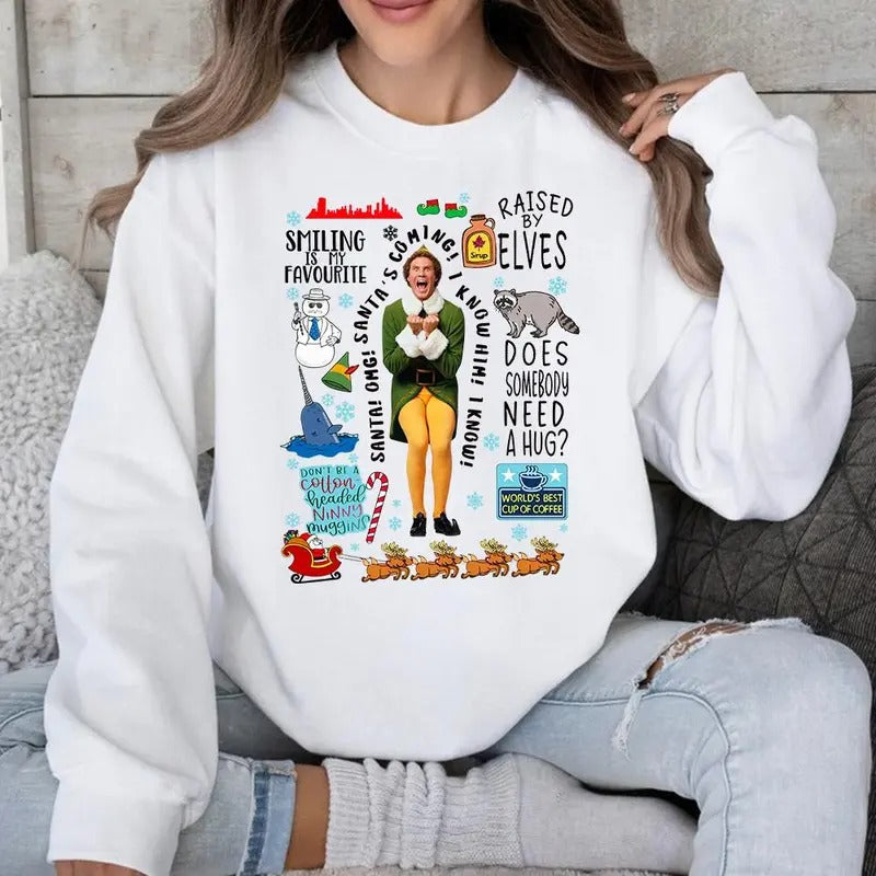 Buddy Elf Christmas Quotes Sweatshirt - Festive Graphic, Holiday Hoodie with Classic Buddy Elf Phrases, Perfect for Christmas Movie Fans