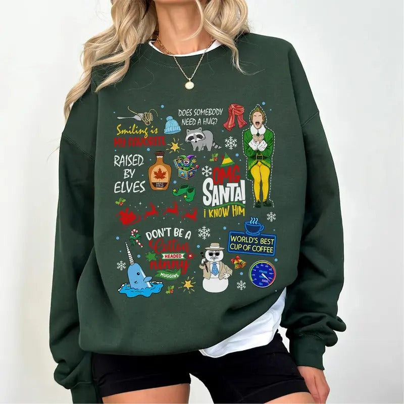 Buddy Elf Sweatshirt, Elf Christmas Shirt, Buddy The Elf Christmas Shirt, Funny Xmas Movie Ugly Cotton Crewneck Womenswear Hoodie