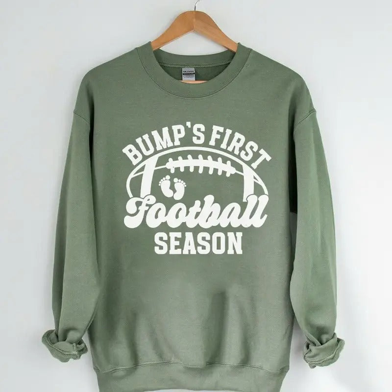 Bump's First Football Season Shirt, Football Pregnancy Announcement Maternity Tee Hoodie, Sweatshirt | InkThreadWorks.com