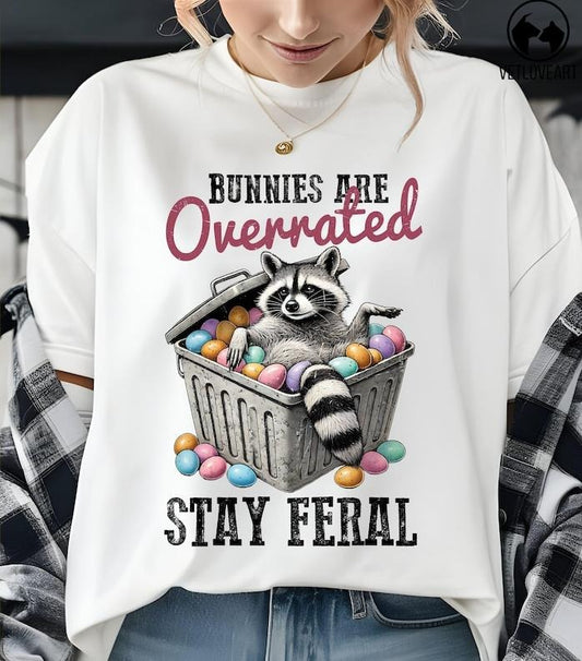 Bunnies Are Overrated Stay Feral Tee, Raccoon Easter Shirt, Feral Easter Funny Tee, Retro Easter Sarcastic Gift Hoodie,...