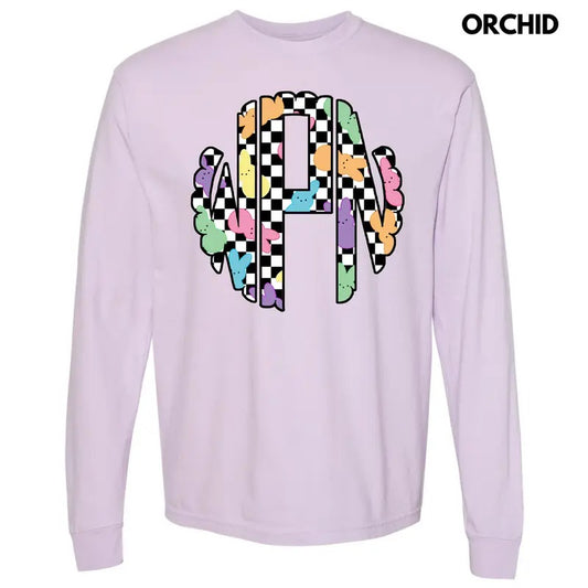 Bunny Checkered Monogram Long Sleeve Comfort Colors T-Shirt 'NLB' Hoodie, Sweatshirt | InkThreadWorks.com